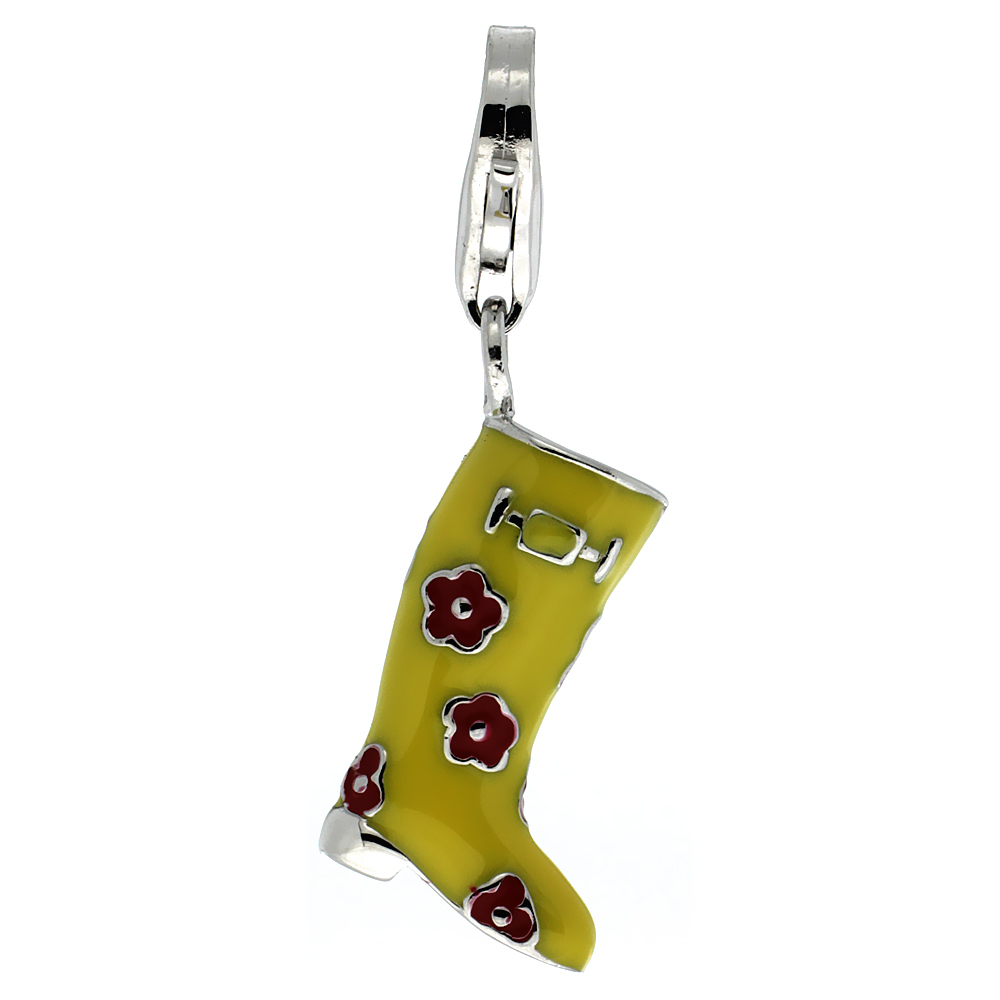 STERLING SILVER ENAMEL YELLOW BOOT CHARM RED FLOWERS WITH LOBSTER CLASP FOR BRACELETS WOMEN 3/4 INCH