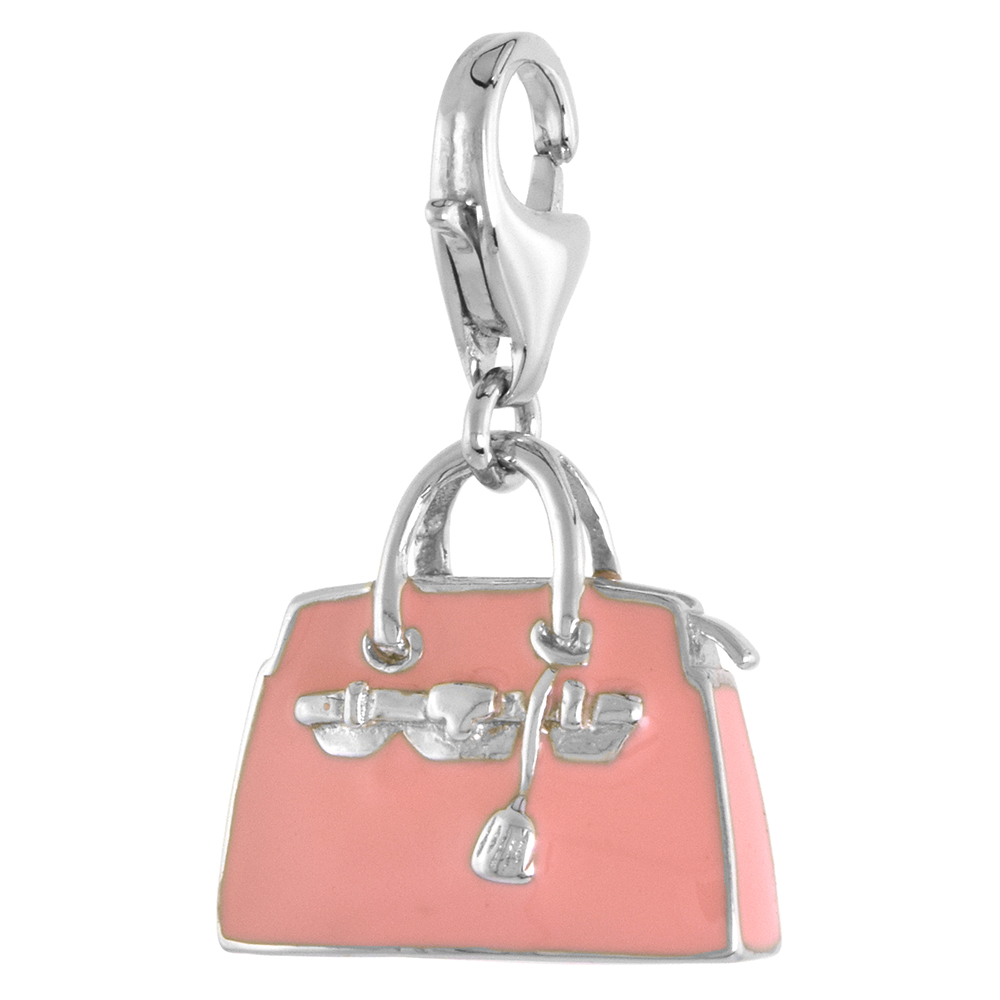 STERLING SILVER ENAMEL PINK HAND BAG PURSE CHARM WITH LOBSTER CLASP FOR BRACELETS WOMEN 9/16 INCH
