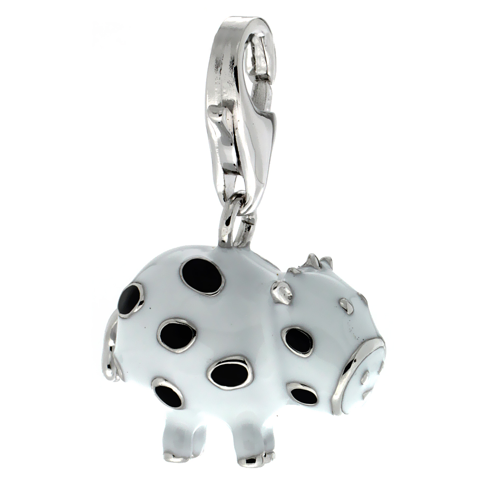 STERLING SILVER ENAMEL BLACK & WHITE POLKA DOT COW CHARM WITH LOBSTER CLASP FOR BRACELETS WOMEN 9/16 INCH