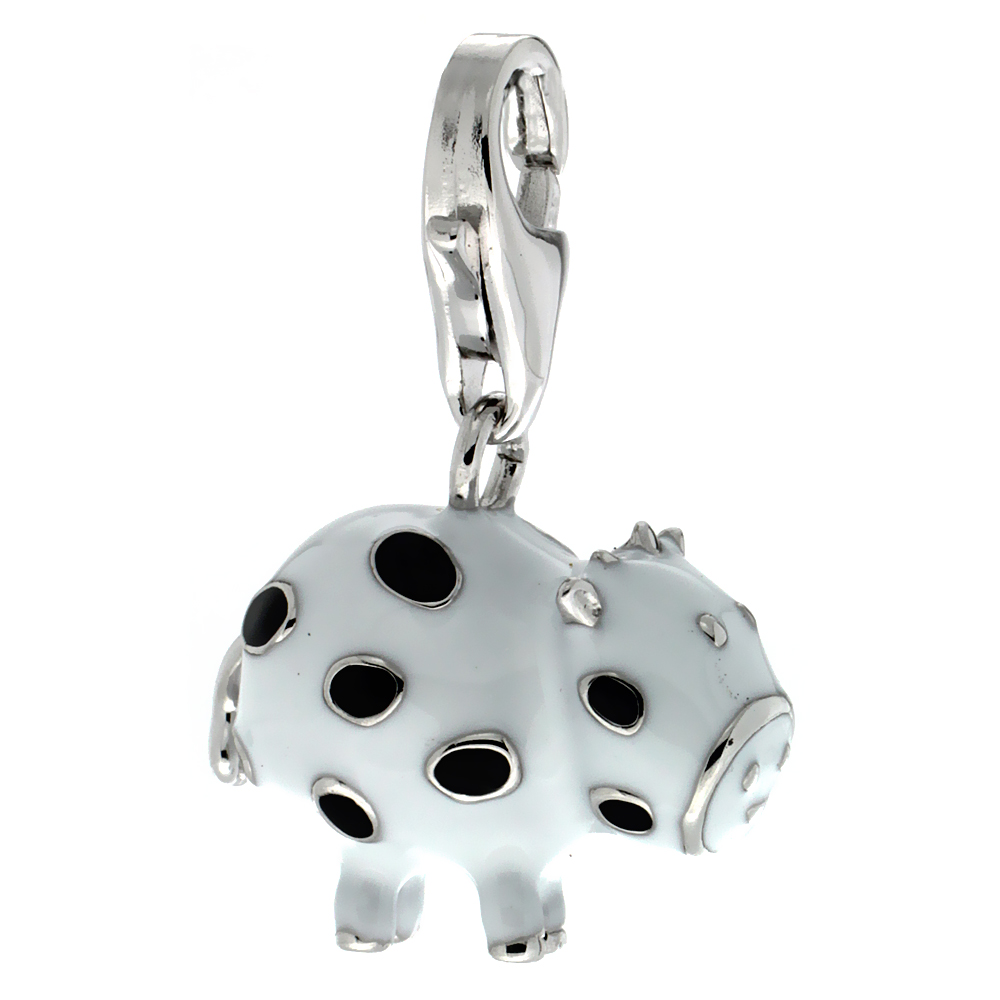 Sterling Silver Enamel Black &amp; White Polka Dot Cow Charm with Lobster Clasp for Bracelets Women 9/16 inch
