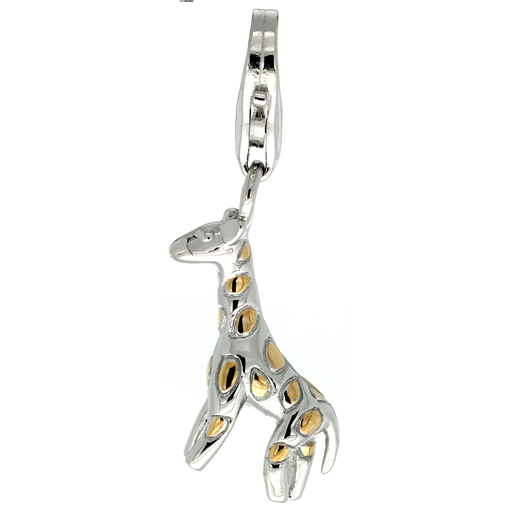 STERLING SILVER 2-TONE GOLD PLATED GIRAFFE CHARM WITH LOBSTER CLASP FOR BRACELETS WOMEN 3/4 INCH