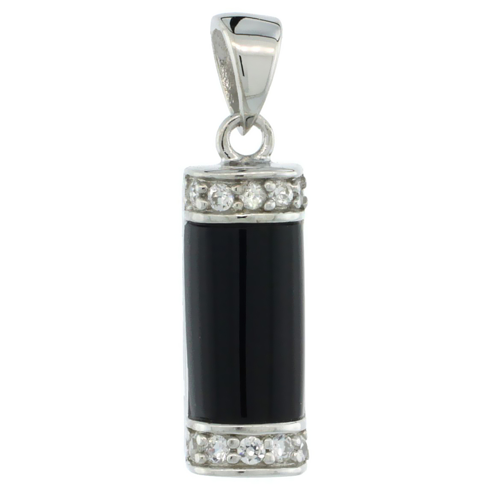 STERLING SILVER ENAMEL BLACK CYLINDRICAL BAR PENDANT CZ ACCENT 11/16 INCH
