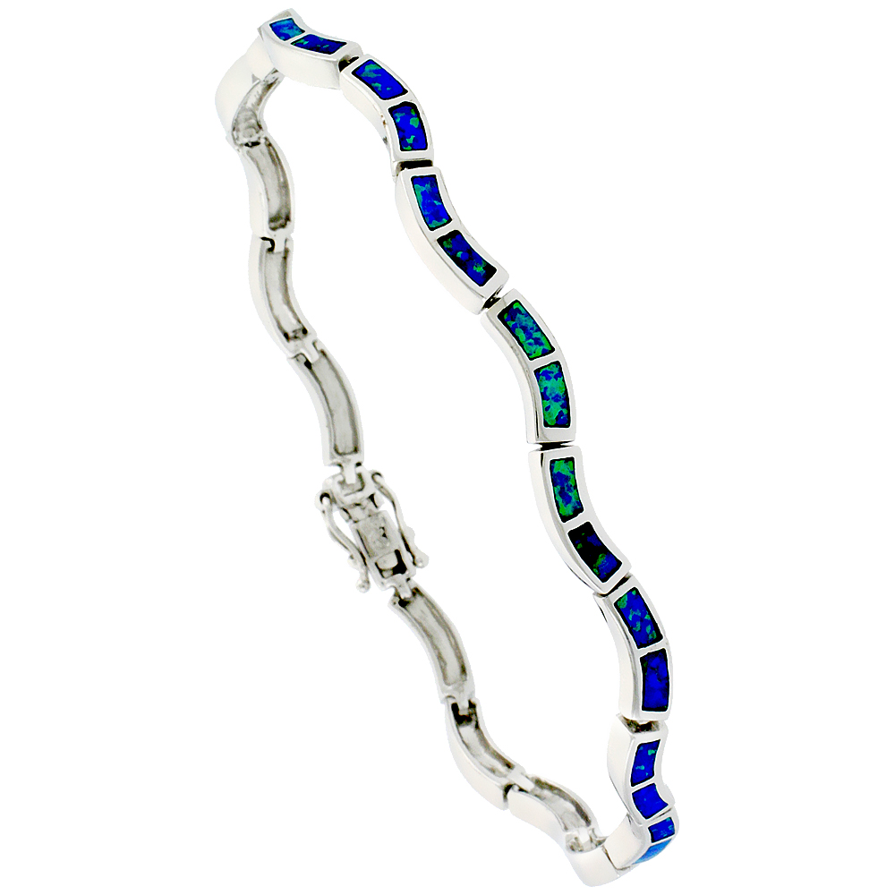 STERLING SILVER SYNTHETIC OPAL WAVE BRACELET CURVED LINKS 1/8 INCH (3 MM) WIDE