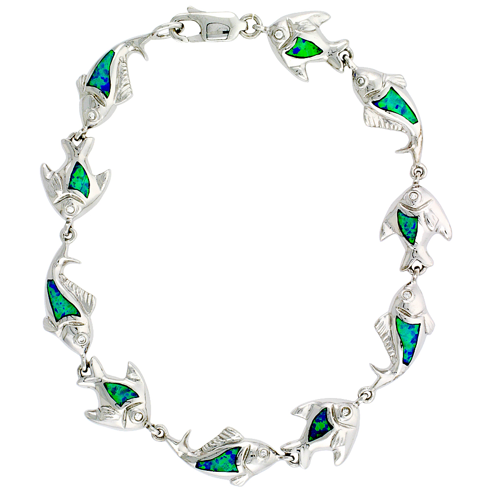 STERLING SILVER SYNTHETIC OPAL FISH BRACELET 3/8 INCH (10 MM) X HAND INLAY 7 1/4 INCH