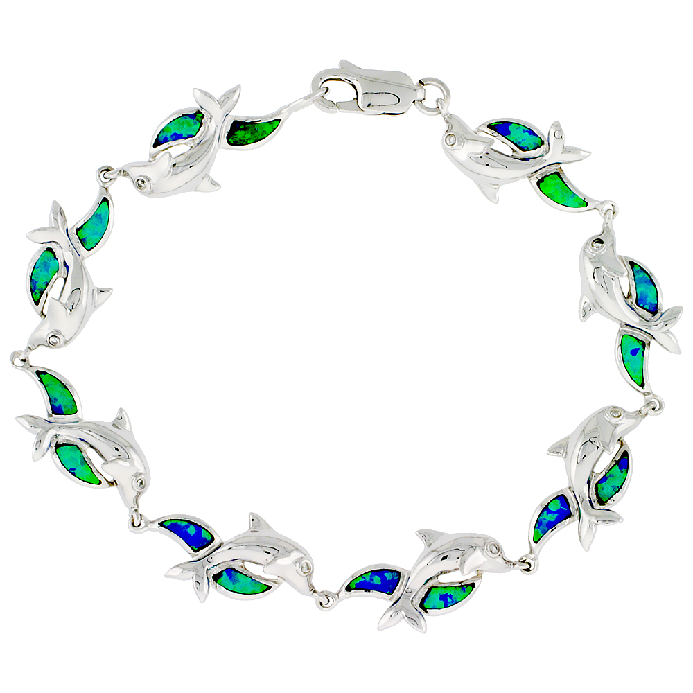 STERLING SILVER SYNTHETIC OPAL DOLPHINS BRACELET HAND INLAY 7 1/4 INCH LONG 3/8 INCH (10 MM) WIDE