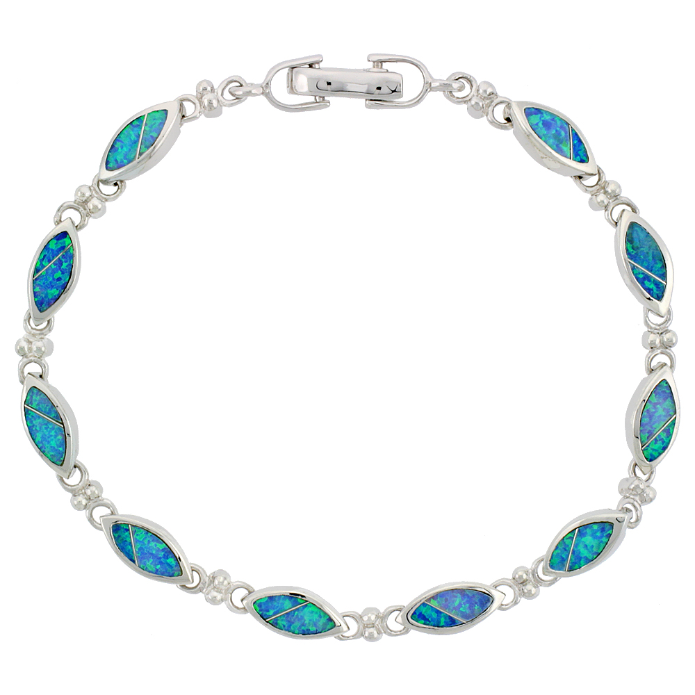 STERLING SILVER SYNTHETIC OPAL NAVETTE SHAPED LINK BRACELET HAND INLAY 7 1/4 INCH