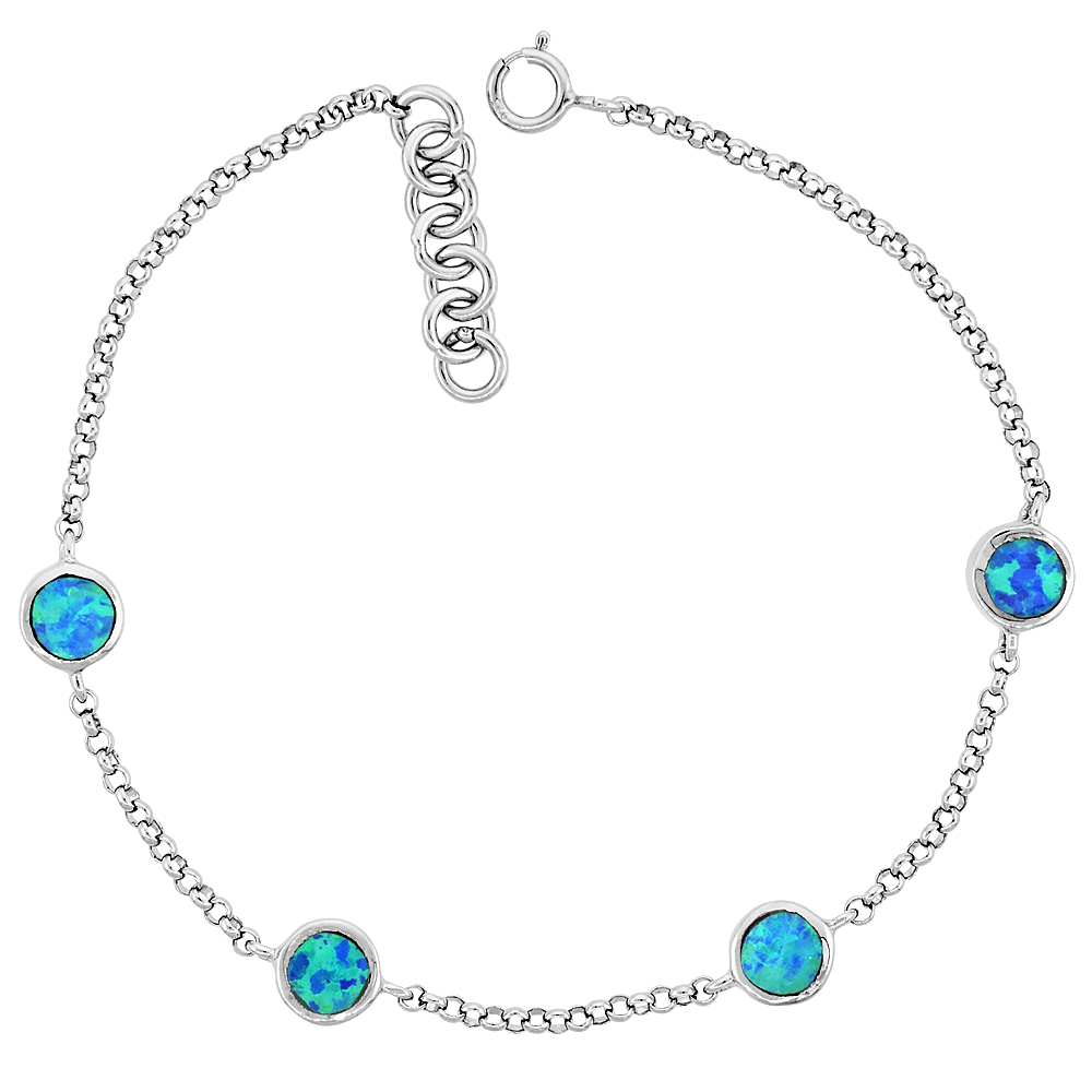 Sterling Silver Synthetic Opal Station Bracelet Round Links fits 6.5 -Hand Inlay 7.25 inches