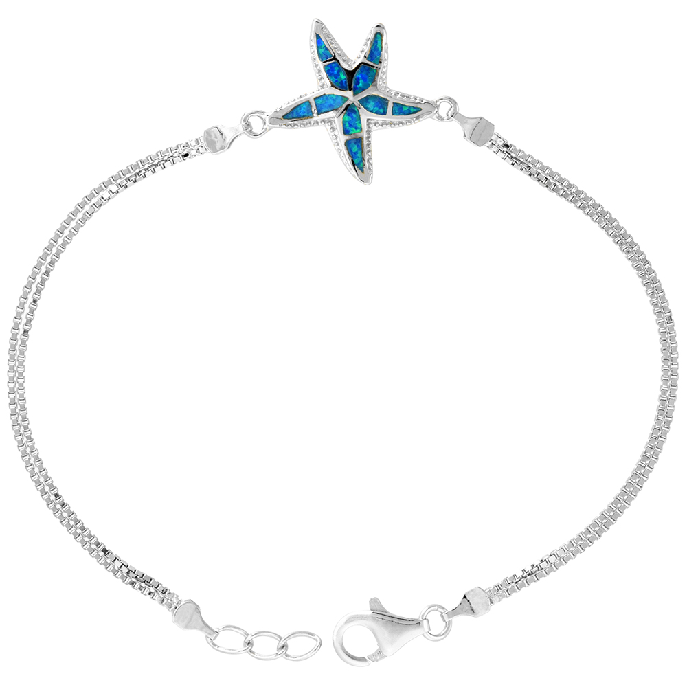 STERLING SILVER SYNTHETIC OPAL STARFISH BRACELET WOMEN LOBSTER LOCK, 7 1/4 INCH LONG