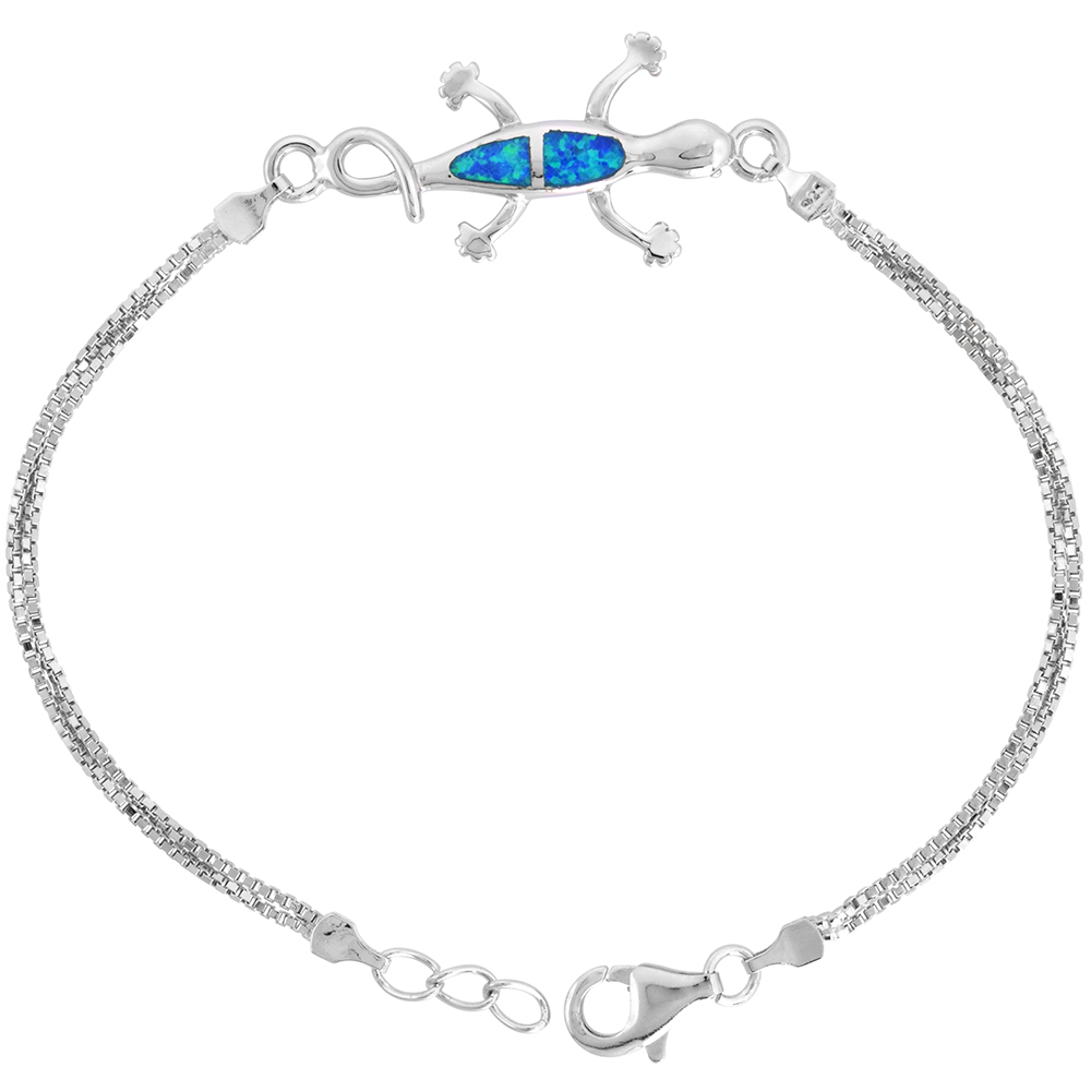 STERLING SILVER SYNTHETIC OPAL GECKO BRACELET WOMEN LOBSTER LOCK, 7 1/4 INCH LONG