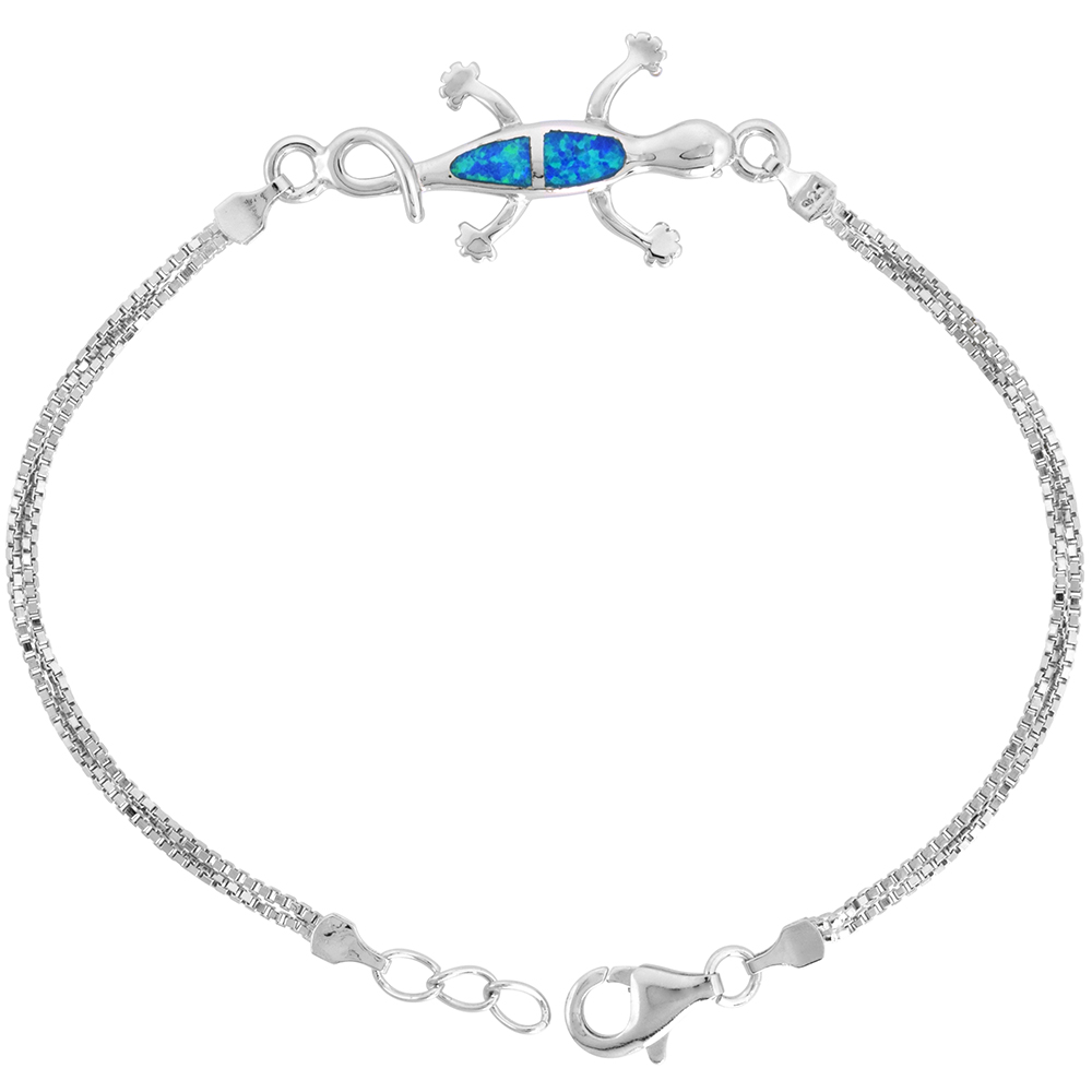 Sterling Silver Synthetic Opal Gecko Bracelet Women lobster lock, 7 1/4 inch long