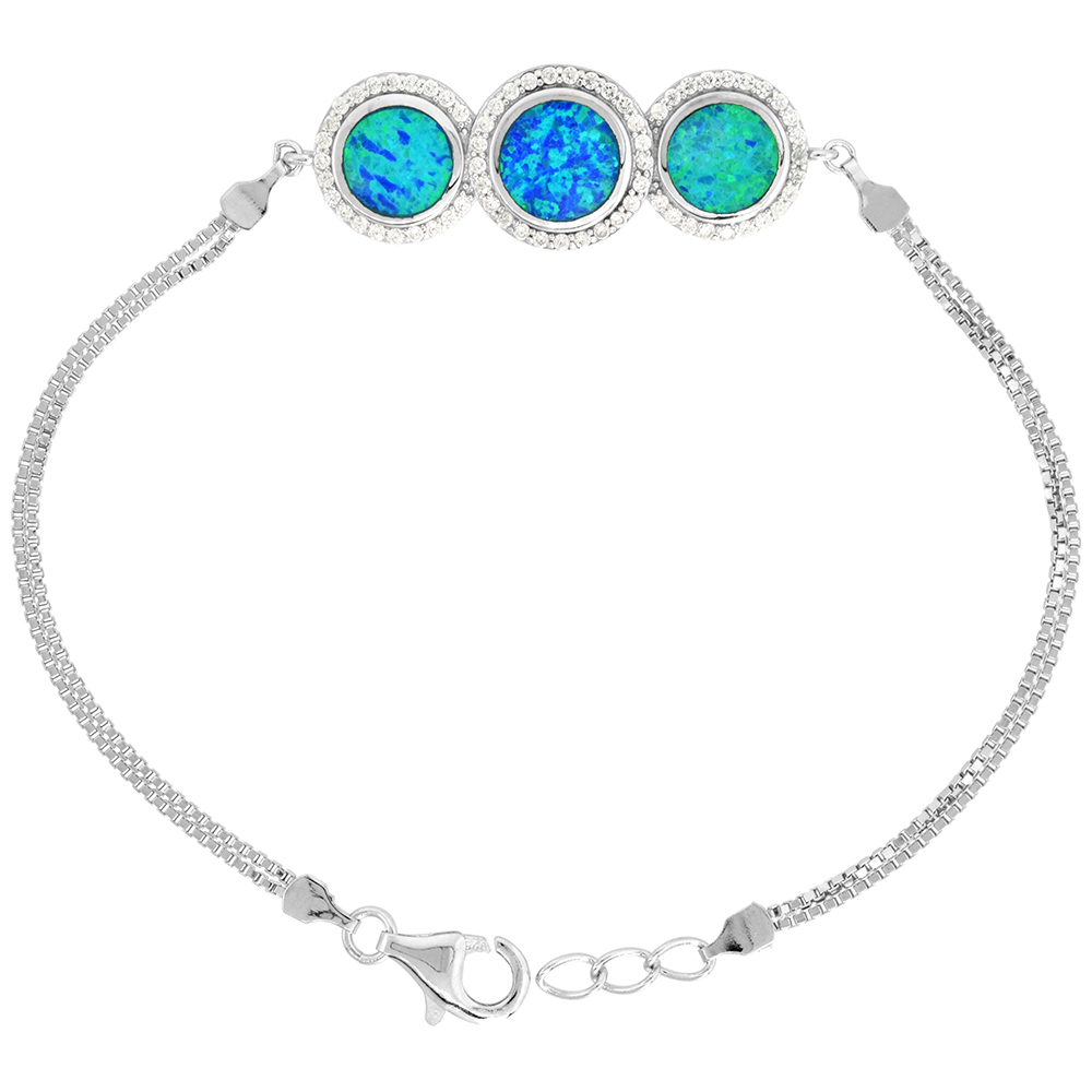 STERLING SILVER SYNTHETIC OPAL BRACELET 3 CIRCLES CZ HALO WOMEN LOBSTER LOCK, 7 1/4 INCH LONG
