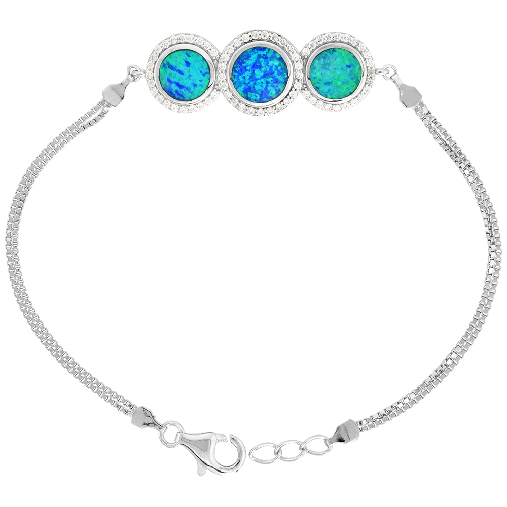 Sterling Silver Synthetic Opal Bracelet 3 Circles CZ Halo Women lobster lock, 7 1/4 inch long