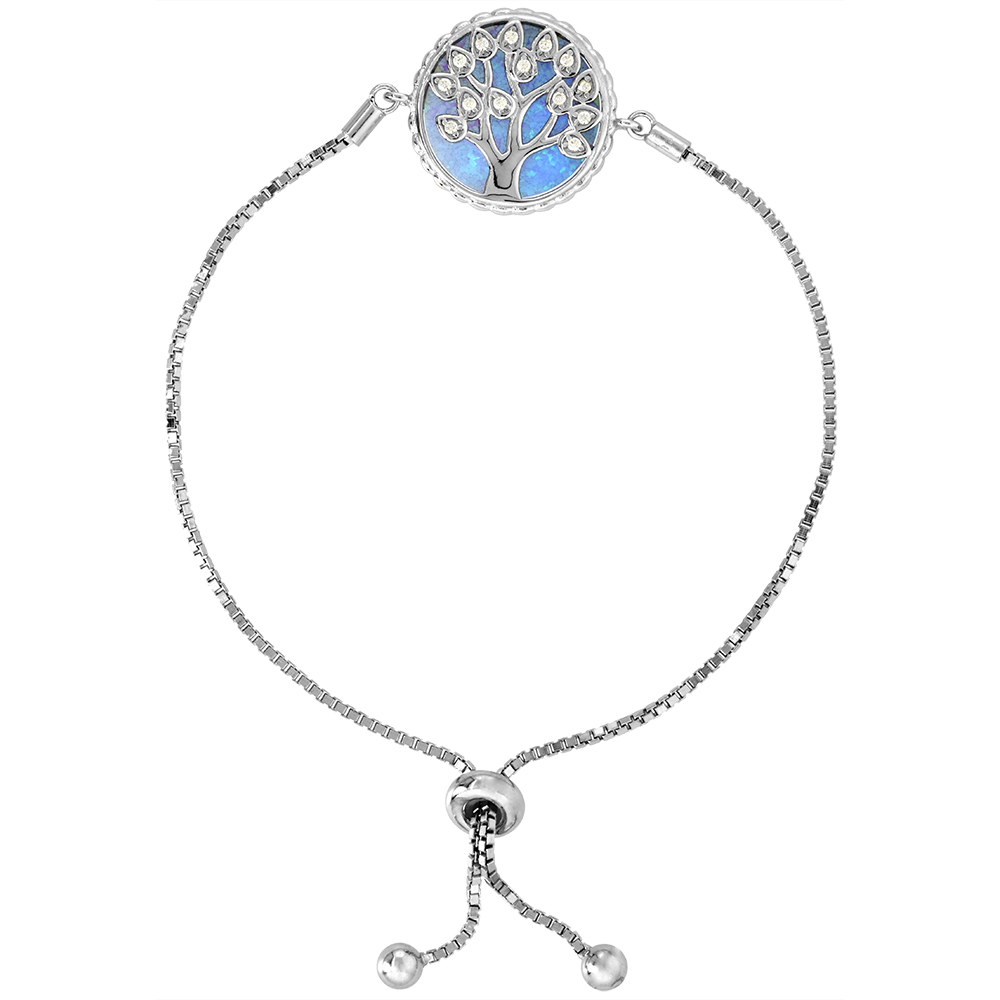 STERLING SILVER SYNTHETIC OPAL FAMILY TREE BOLO BRACELET FOR WOMEN SLIDING CLASP FITS 6-7 INCH WRISTS