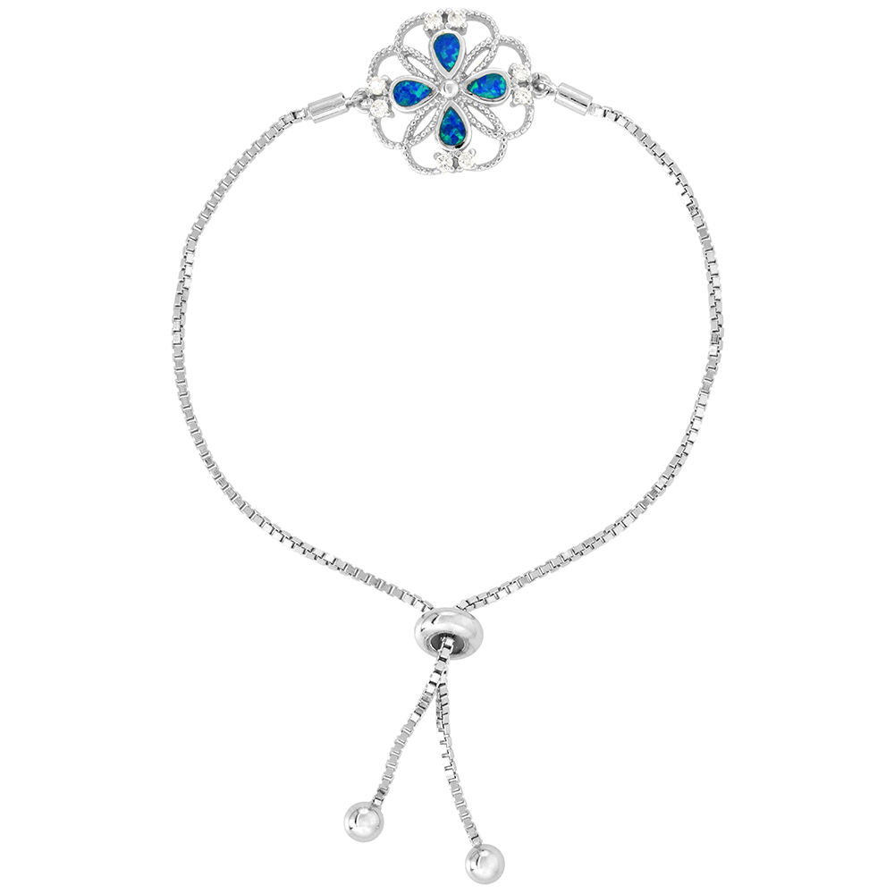 STERLING SILVER SYNTHETIC OPAL SHAMROCK BOLO BRACELET FOR WOMEN SLIDING CLASP FITS 6-7 INCH WRISTS