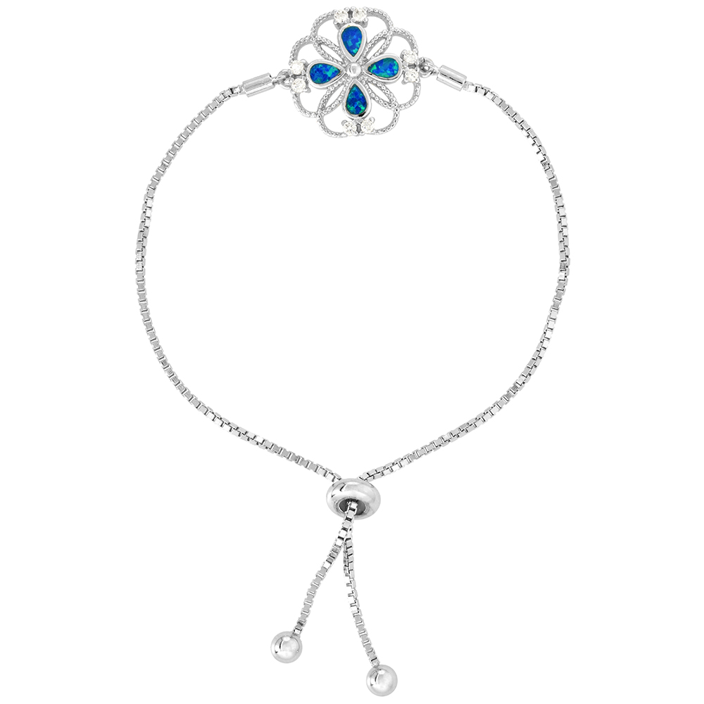 Sterling Silver Synthetic Opal Shamrock Bolo Bracelet for Women Sliding Clasp fits 6-7 inch wrists