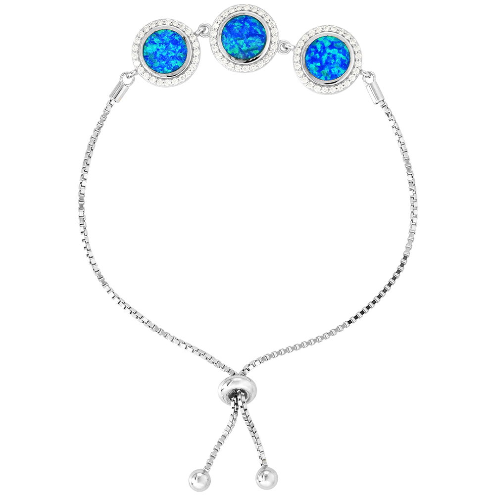 Sterling Silver Synthetic Opal 3 Linked Circles Bolo Bracelet for Women with CZ Halo Sliding Clasp fits 6-7 inch wrists