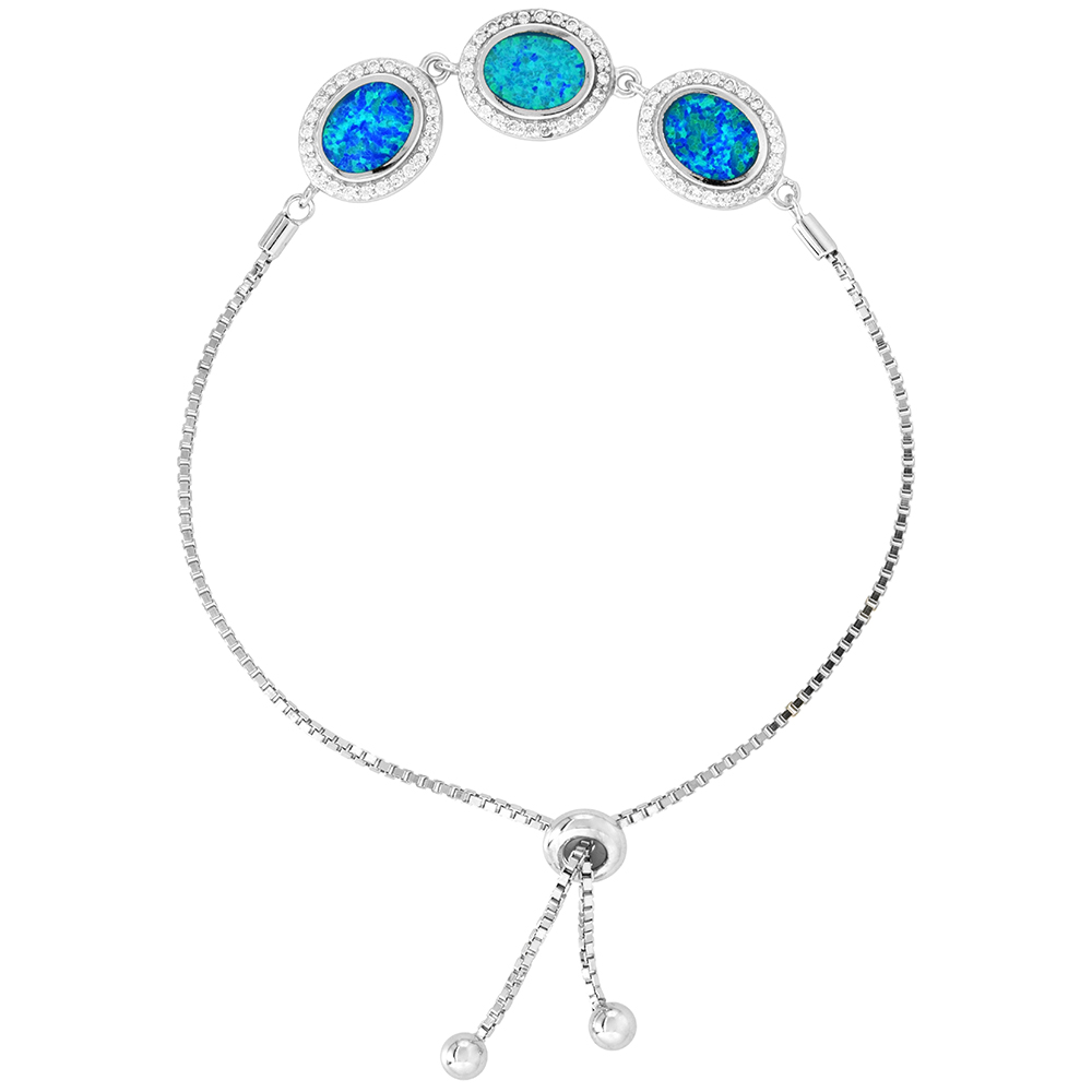 Sterling Silver Synthetic Opal 3-Oval Links Bolo Bracelet CZ Halo Women Sliding Clasp fits 6-7 inch wrists