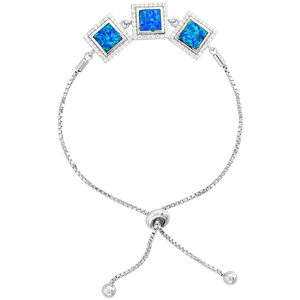 Sterling Silver Synthetic Opal 3-Square Links Bolo Bracelet for Women CZ Halo Sliding Clasp fits 6-7 inch wrists