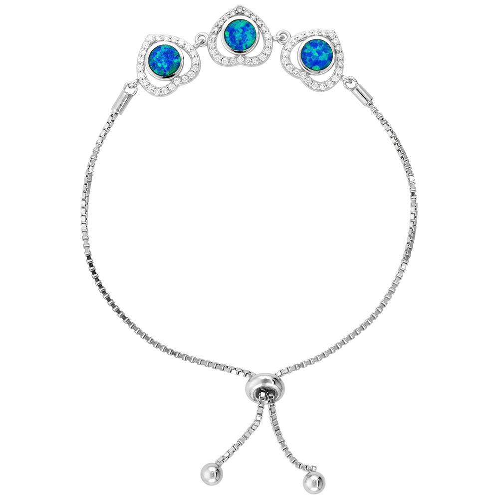 STERLING SILVER SYNTHETIC OPAL 3 LINKED HEARTS BOLO BRACELET FOR WOMEN CZ HALO SLIDING CLASP FITS 6-7 INCH WRISTS