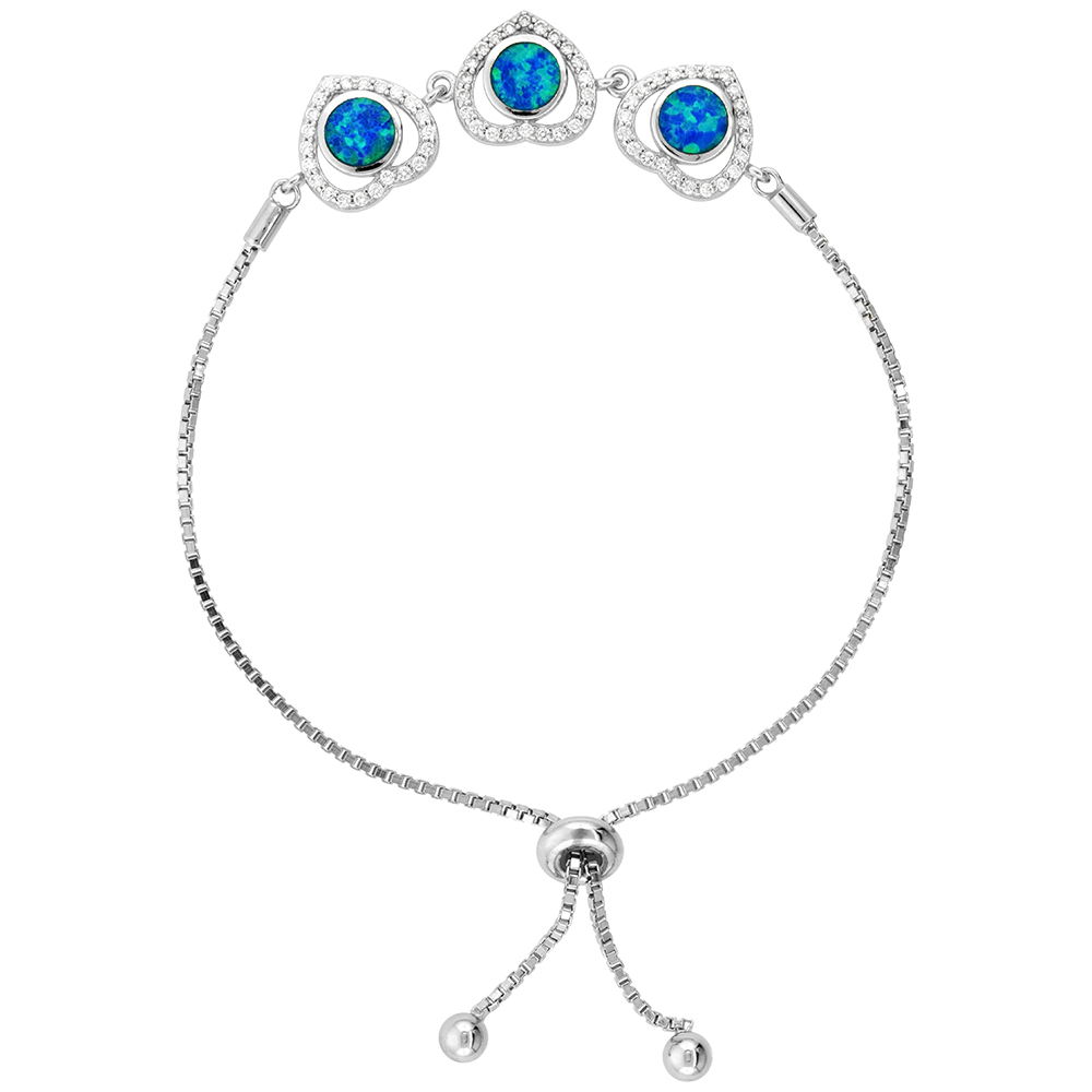 Sterling Silver Synthetic Opal 3 Linked Hearts Bolo Bracelet for Women CZ Halo Sliding Clasp fits 6-7 inch wrists