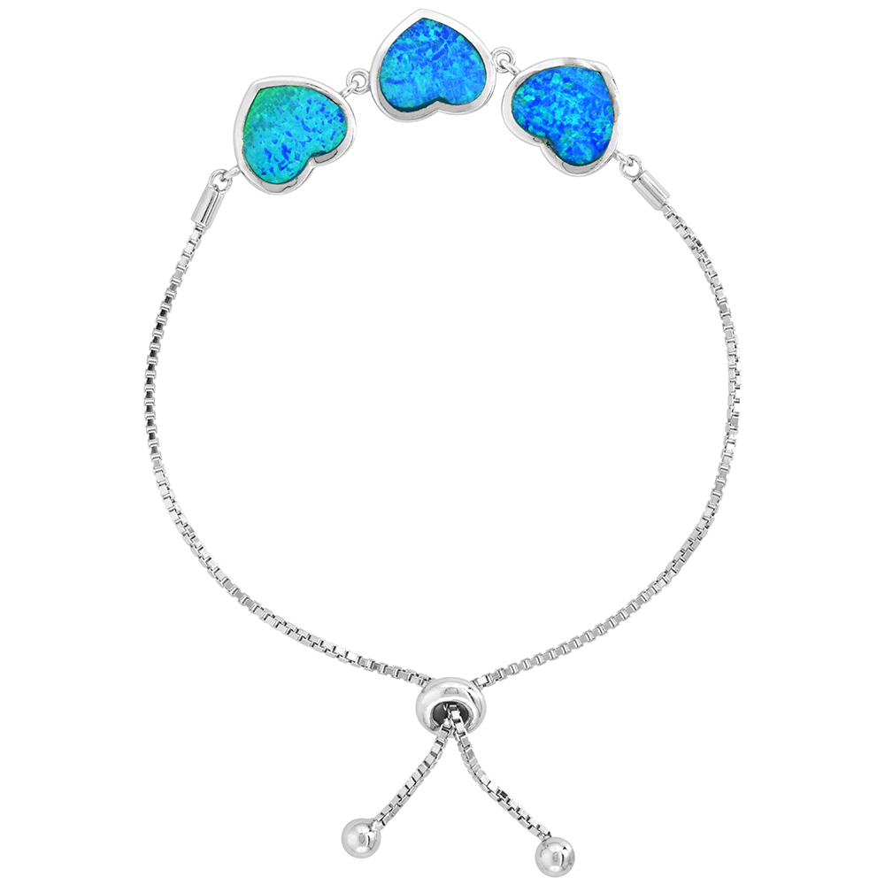 Sterling Silver Synthetic Opal 3-Linked Hearts Bolo Bracelet for Women CZ Halo Sliding Clasp fits 6-7 inch wrists
