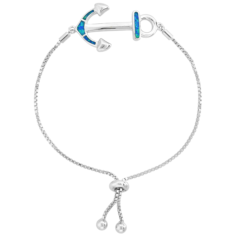 STERLING SILVER SYNTHETIC OPAL ANCHOR BOLO BRACELET FOR WOMEN LOBSTER LOCK 6-7 INCH