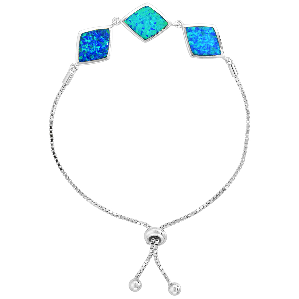STERLING SILVER SYNTHETIC OPAL 3-DIAMOND LINKS BOLO BRACELET FOR WOMEN SLIDING CLASP FITS 6-7 INCH WRISTS