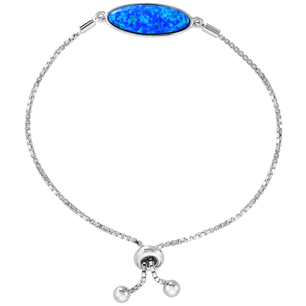 Sterling Silver Synthetic Opal Long Oval Bolo Bracelet for Women Sliding Clasp 6-7 inch