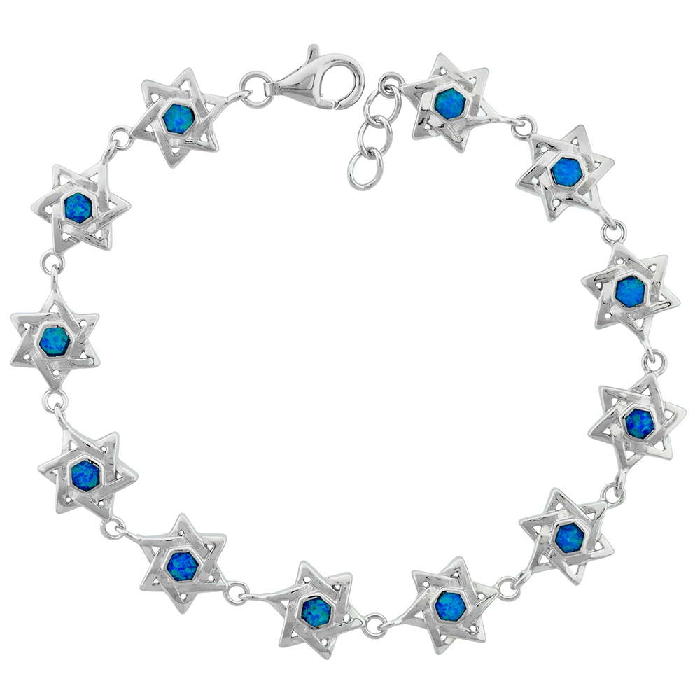 STERLING SILVER BLUE SYNTHETIC OPAL JEWISH STAR OF DAVID BRACELET FOR WOMEN RHODIUM FINISH 3/8 WIDE 7.5 INCHES LONG