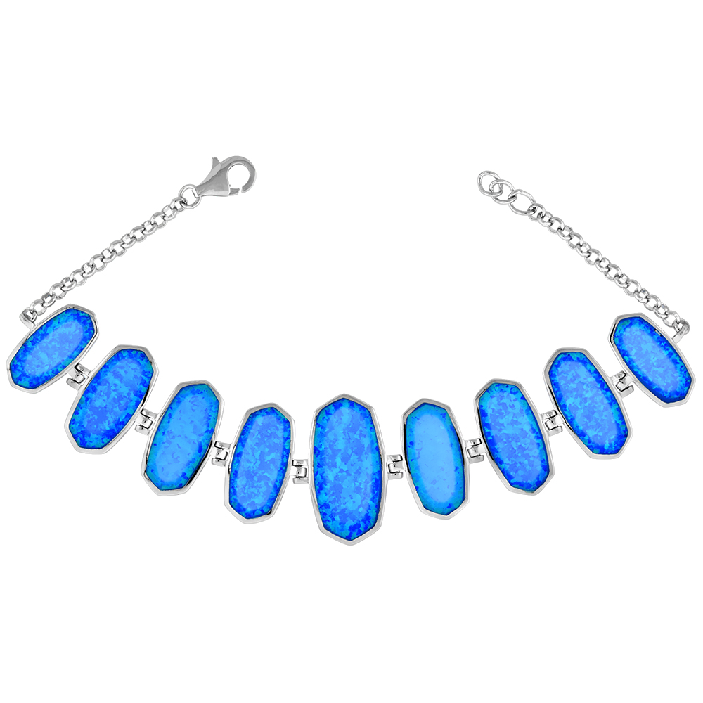 STERLING SILVER BLUE SYNTHETIC OPAL KNIFE EDGE OVAL DISKS BRACELET FOR WOMEN RHODIUM FINISH 1 INCH WIDE 7-8 INCH WRIST SIZES