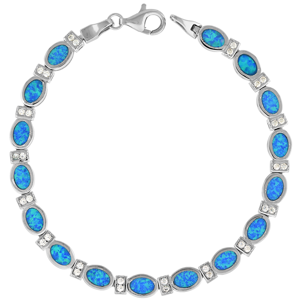 STERLING SILVER 7X5 MM OVAL BLUE SYNTHETIC OPAL TENNIS BRACELET FOR WOMEN INLAY SET CZ ACCENT RHODIUM FINISH 7.5 INCH LONG