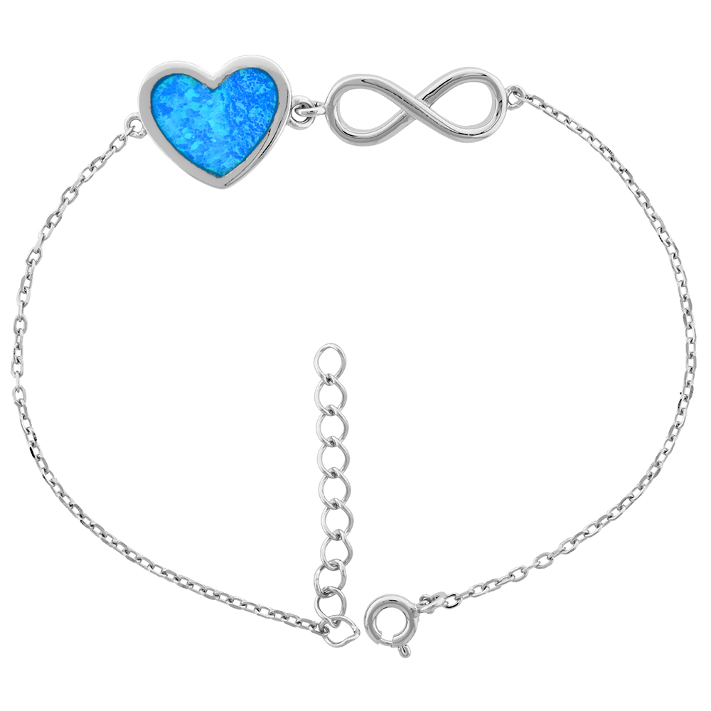 STERLING SILVER BLUE SYNTHETIC OPAL INFINITY HEART BRACELET FOR WOMEN CABLE LINK RHODIUM FINISH 7-8 INCH