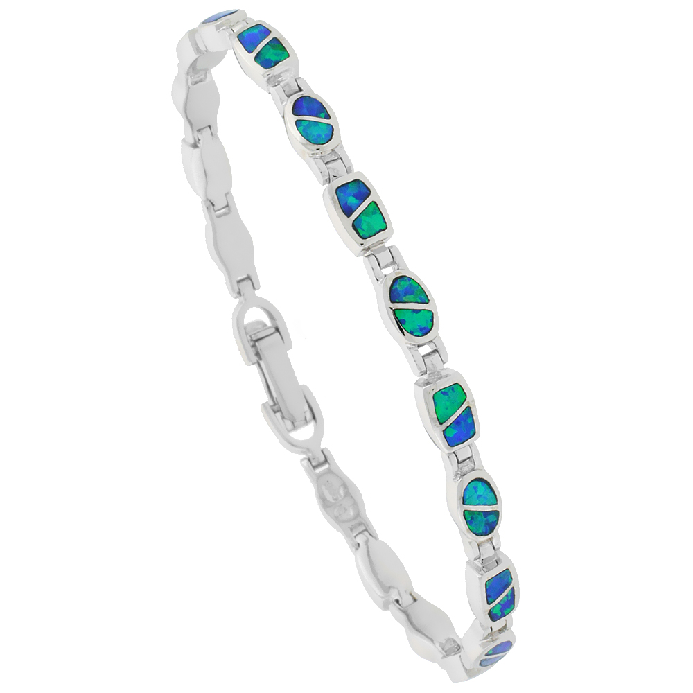 STERLING SILVER SYNTHETIC OPAL BRACELET OVAL & SQUARE LINKS HAND INLAY 7 1/4 INCH