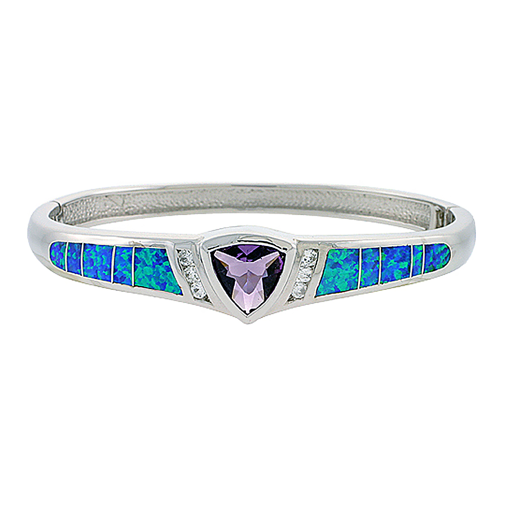 STERLING SILVER SYNTHETIC OPAL BANGLE BRACELET WITH 10 MM TRILLION SHAPE AMETHYST CZ