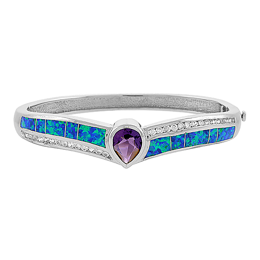 STERLING SILVER SYNTHETIC OPAL BANGLE BRACELET WITH 10 MM TEARDROP AMETHYST CZ