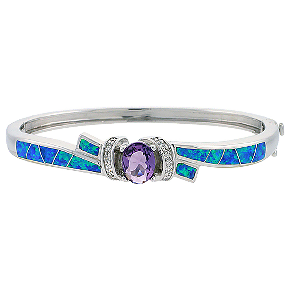 STERLING SILVER SYNTHETIC OPAL BANGLE BRACELET WITH 10 MM ROUND AMETHYST CZ