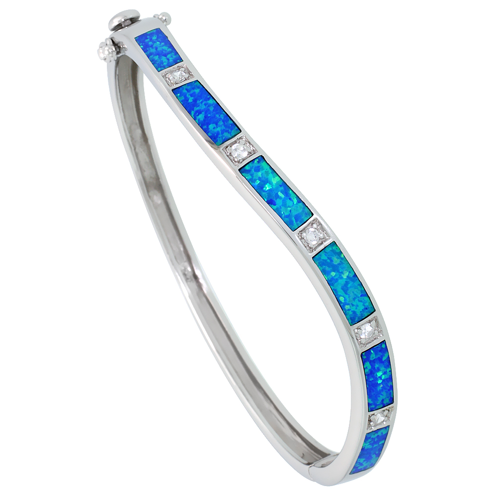 STERLING SILVER SYNTHETIC OPAL BANGLE BRACELET HIGH QUALITY CUBIC ZIRCONIA STONES 3/16 INCH WIDE