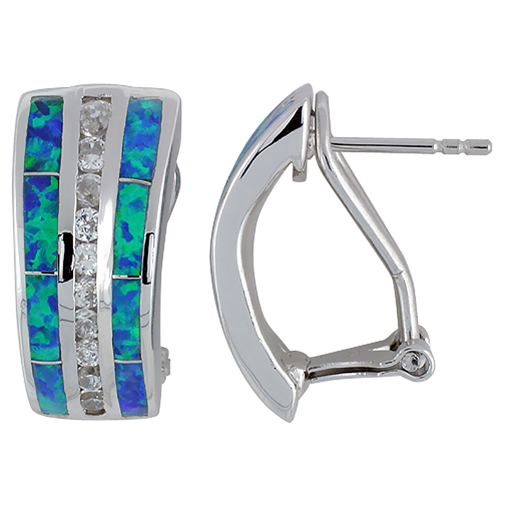 STERLING SILVER SYNTHETIC OPAL TRAPEZOID EARRINGS CHANNEL SET CZ OMEGA BACK, 7/8 INCH LONG