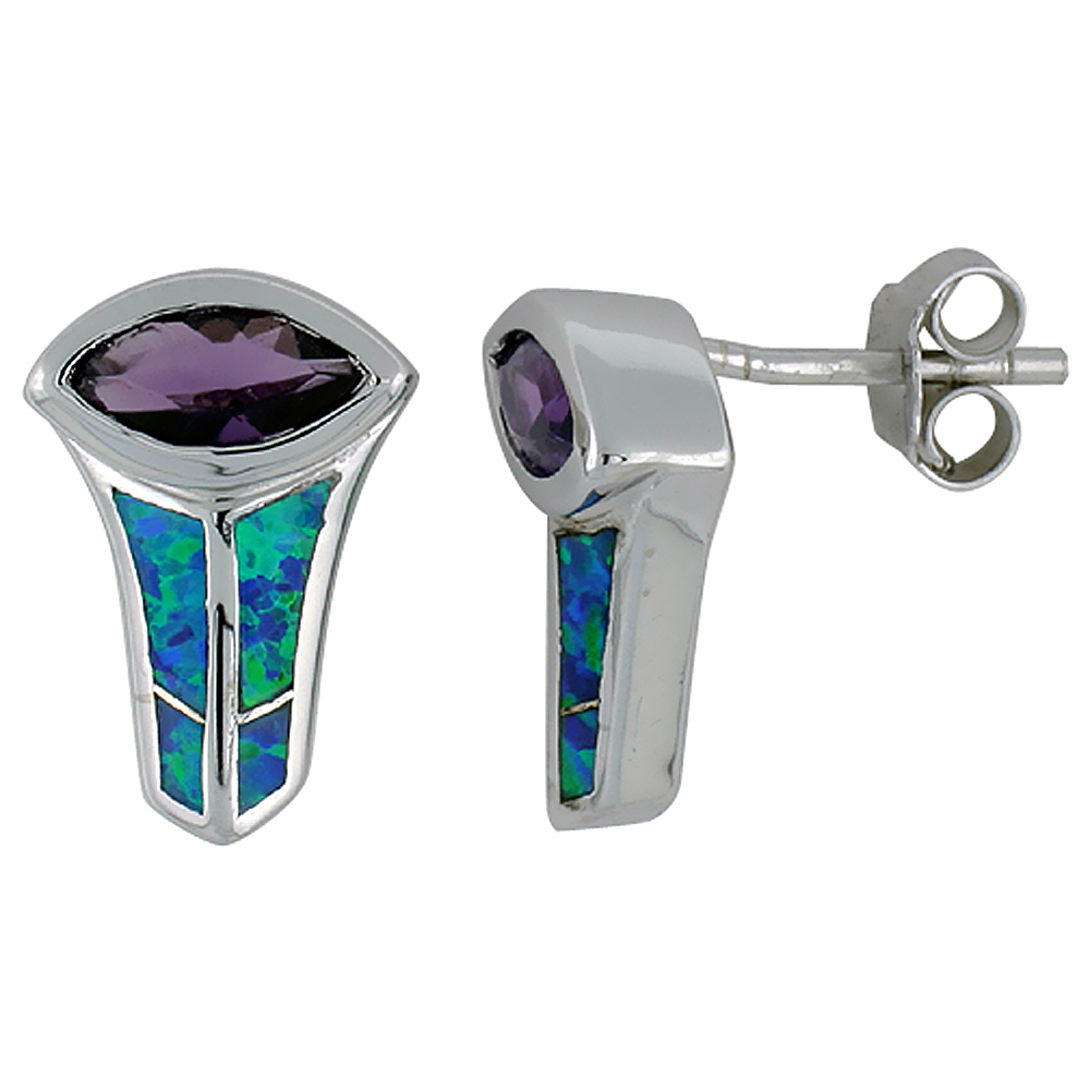 STERLING SILVER SYNTHETIC BLUE OPAL EARRINGS WITH MARQUIS SHAPE AMETHYST CZ CENTER 5/8 INCH