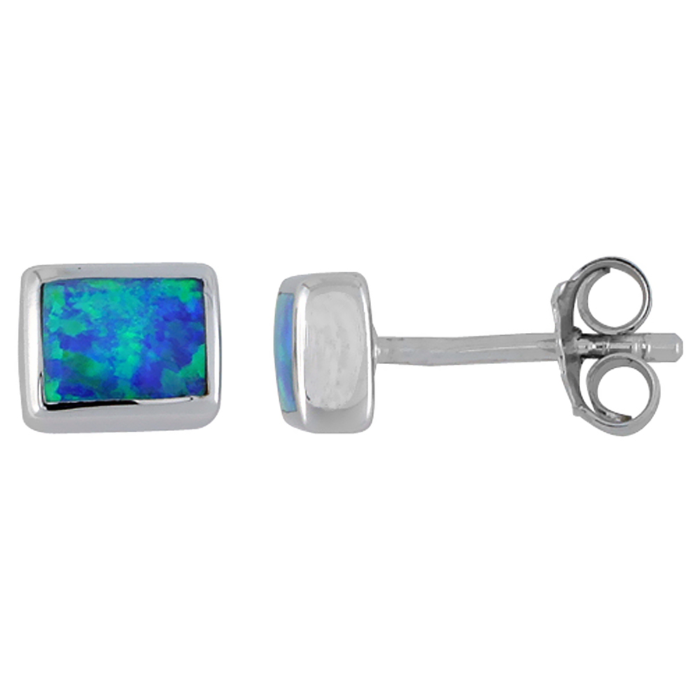 STERLING SILVER SYNTHETIC BLUE OPAL RECTANGULAR STUD EARRINGS 1/4 INCH