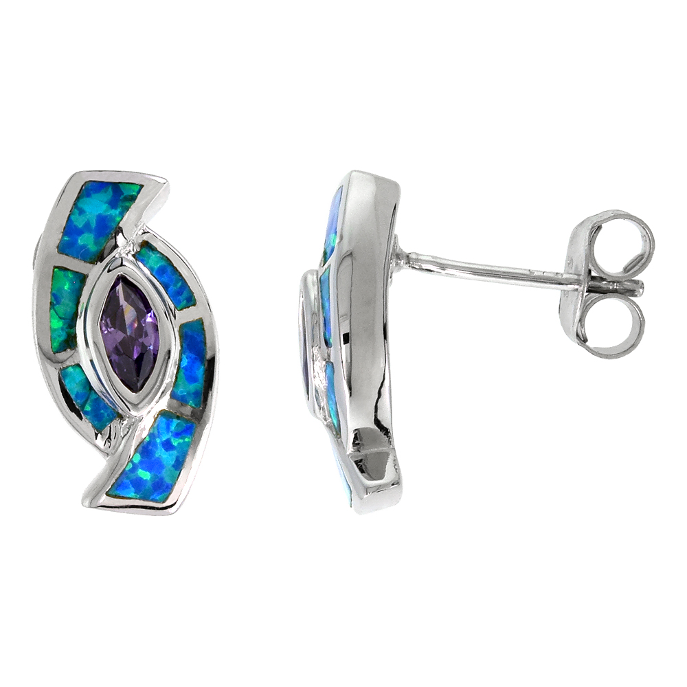 STERLING SILVER SYNTHETIC BLUE OPAL EARRINGS WITH MARQUIS SHAPE AMETHYST CZ CENTER 9/16 INCH