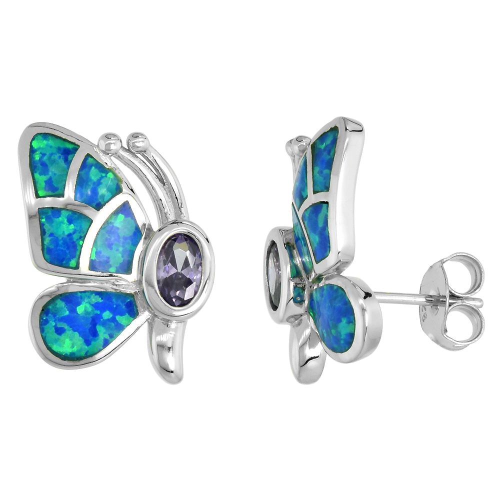 STERLING SILVER SYNTHETIC BLUE OPAL BUTTERFLY EARRINGS WITH OVAL SHAPE AMETHYST CZ CENTER 11/16 INCH