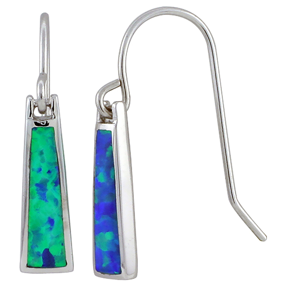 STERLING SILVER SYNTHETIC BLUE OPAL TRAPEZOID SHAPE DANGLE EARRINGS, 11/16 INCH
