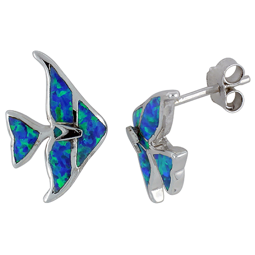 STERLING SILVER SYNTHETIC BLUE OPAL ANGELFISH STUD EARRINGS, 5/8 INCH.