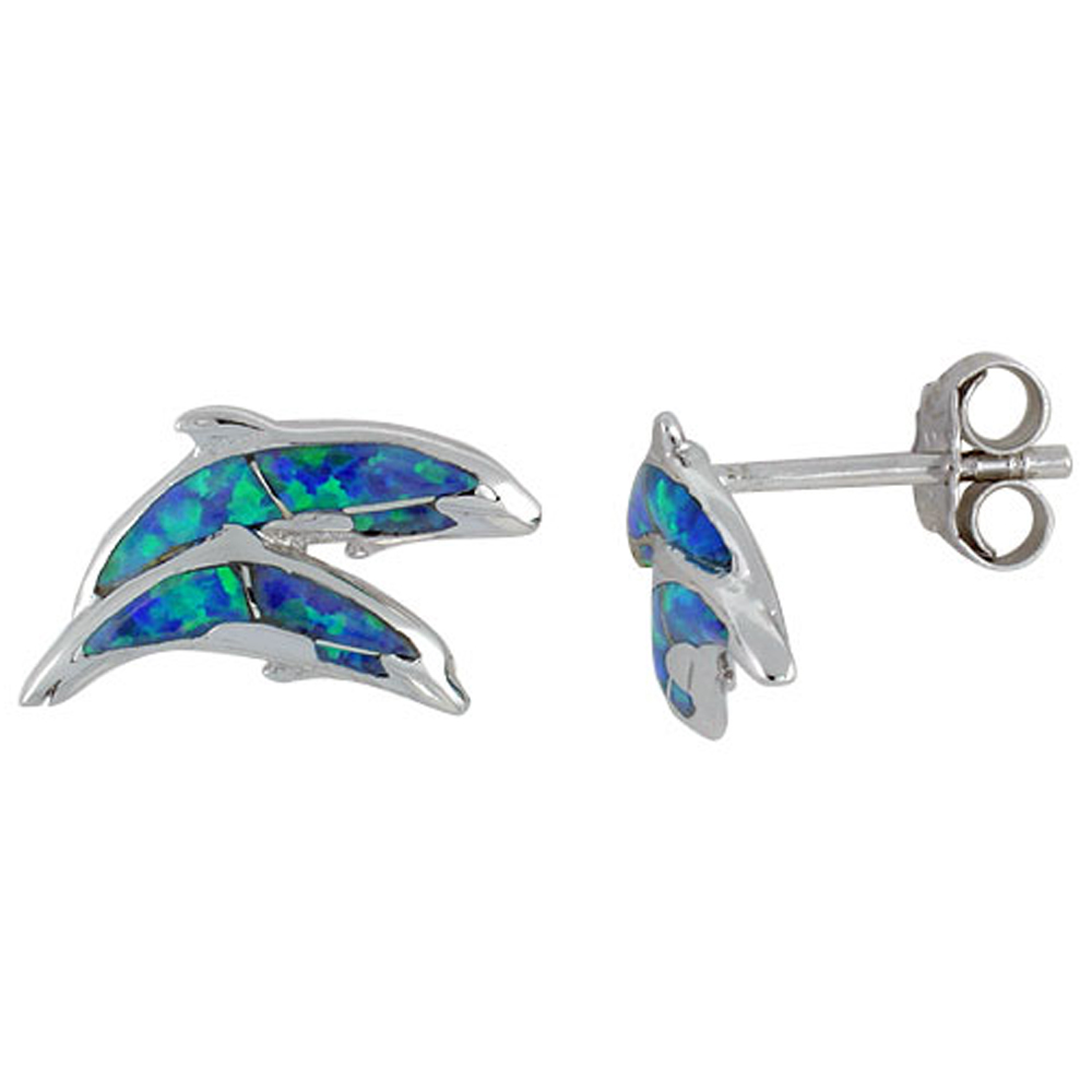 STERLING SILVER SYNTHETIC BLUE OPAL DOUBLE DOLPHIN STUD EARRINGS, 5/8 INCH.