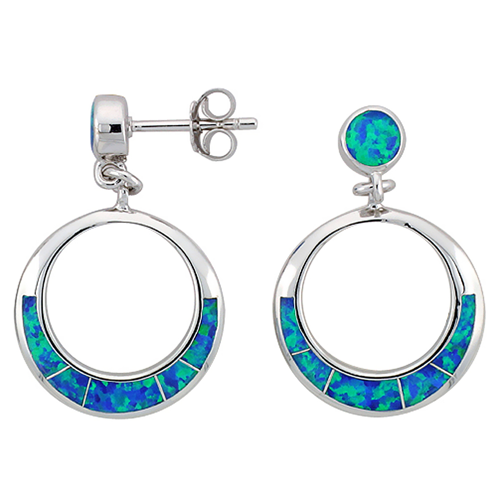 STERLING SILVER SYNTHETIC BLUE OPAL CIRCLE EARRINGS, 3/4 INCH DIAMETER