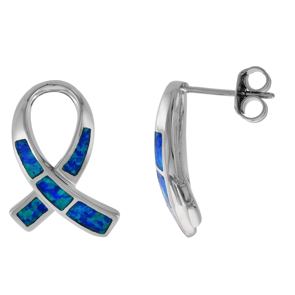 STERLING SILVER SYNTHETIC BLUE OPAL RIBBON STUD EARRINGS , 3/4 INCH