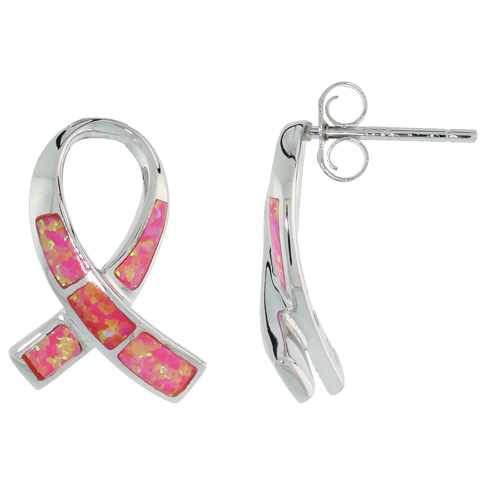 STERLING SILVER BREST CANCER AWARENESS RIBBON EARRINGS PINK OPAL INLAY, 3/4 INCH LONG