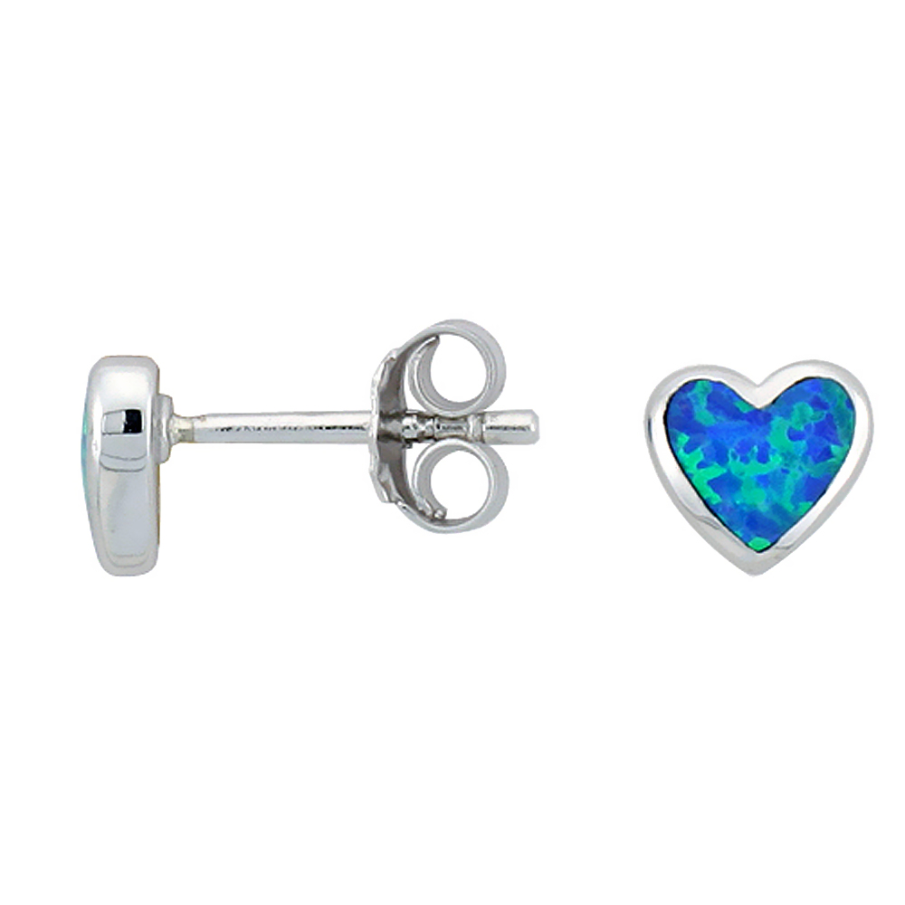 SMALL STERLING SILVER SYNTHETIC OPAL HEART STUD EARRINGS, 1/4 INCH
