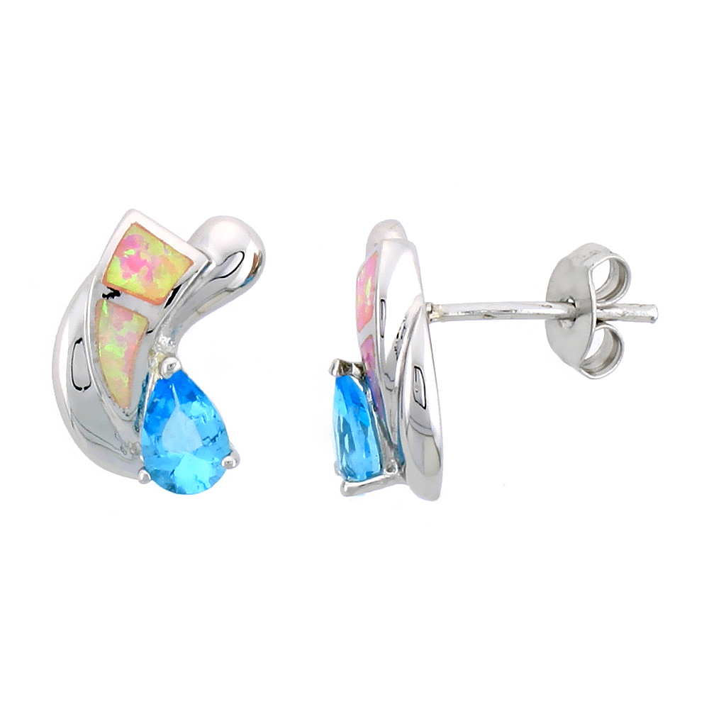 STERLING SILVER POST EARRINGS PINK SYNTHETIC OPAL INLAY WITH TEARDROP BLUE TOPAZ CZ, 9/16 INCH